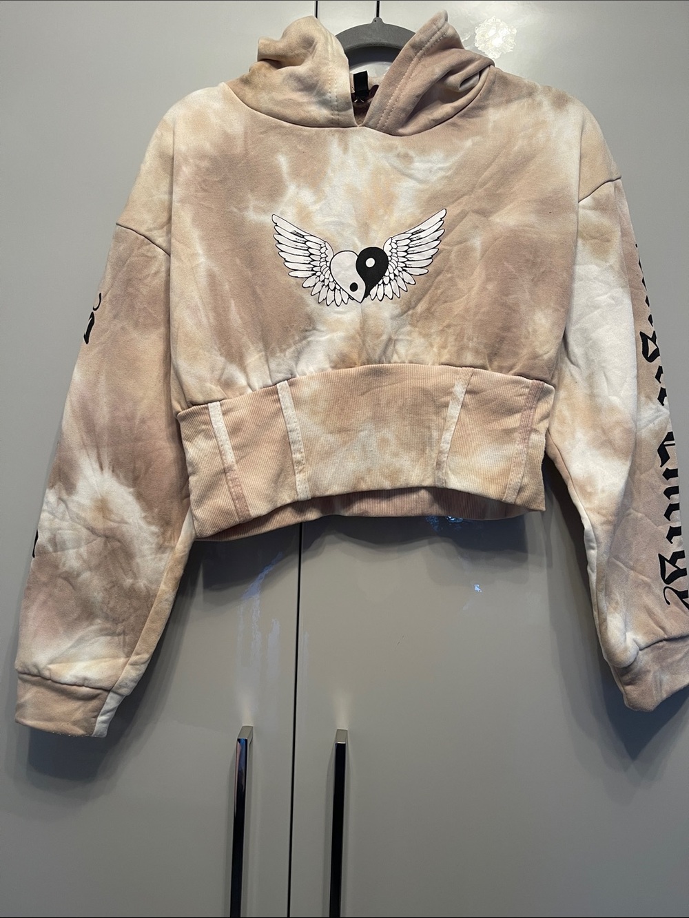 Faded Rose Cropped Tie-Dye Hoodie - Beige White